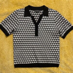 Adrianna Papell Women's Polo Short Sleeve Sweater in Black and White Pattern